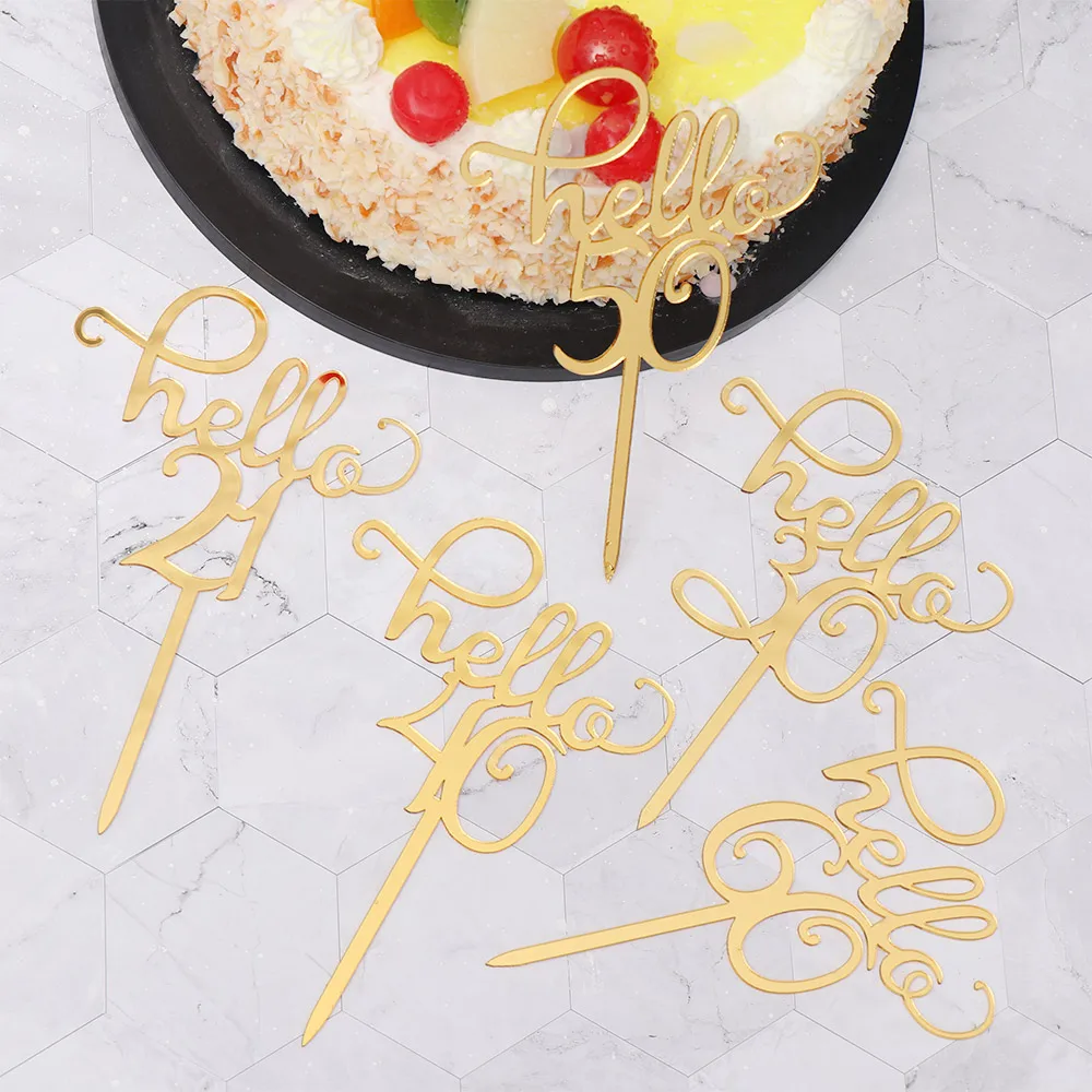 

Hello 21 30 40 50 60 Hand Writing Gold Acrylic Cake Toppers Happy Birthday Party Decoration For Anniversary Supplies Lovely Gift