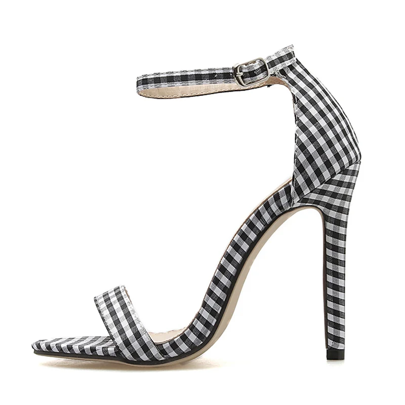 

2019 Women 11.5cm High Heels Stripe Sandals Lady Fetish Stripper Strappy Shoes Stiletto Heels Party Casual Gingham Quality Pumps