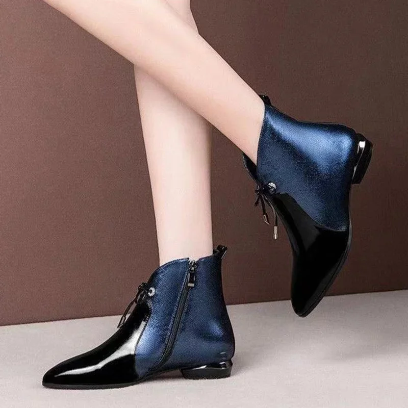 MCCKLE Woman Pointed Toe Lace Up Low Heels Ankle Boots Women's Patent Leather Short Boots Mixed Color Female Ladies Zip Shoes