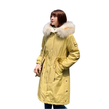 

QIMAGE Winter Women Parkas Long Female Big Fur Collar Hood Thick Warm Winter Coat Solid Color Winter Parkas Plus Size 5 Colors
