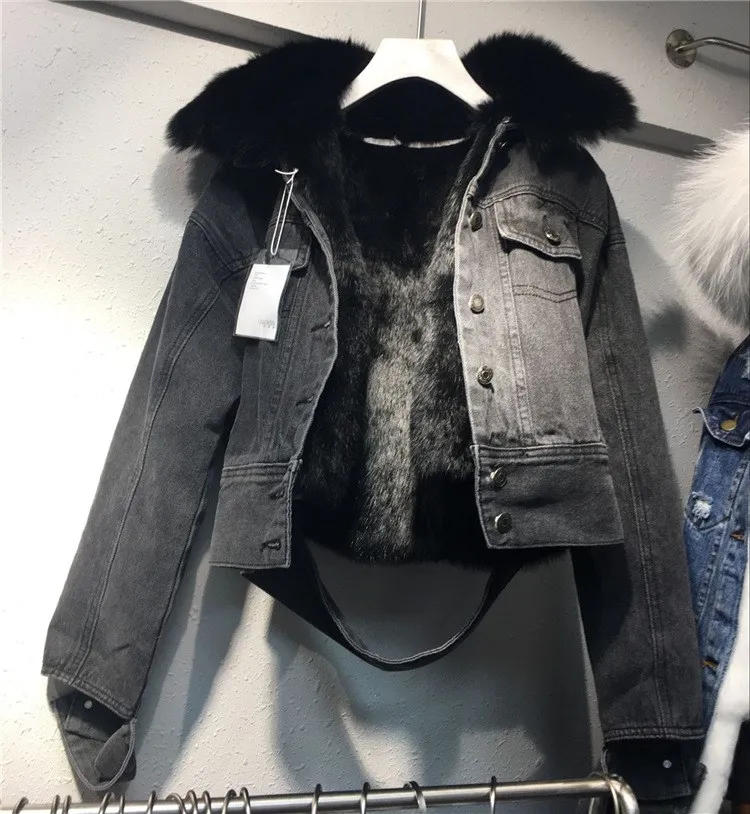 New Loose Women Denim Coat Female Real Rabbit Fur Line Denim Jacket Long Sleeve Jeans Jacket With Fur Parka Outwear Thick - Цвет: Black