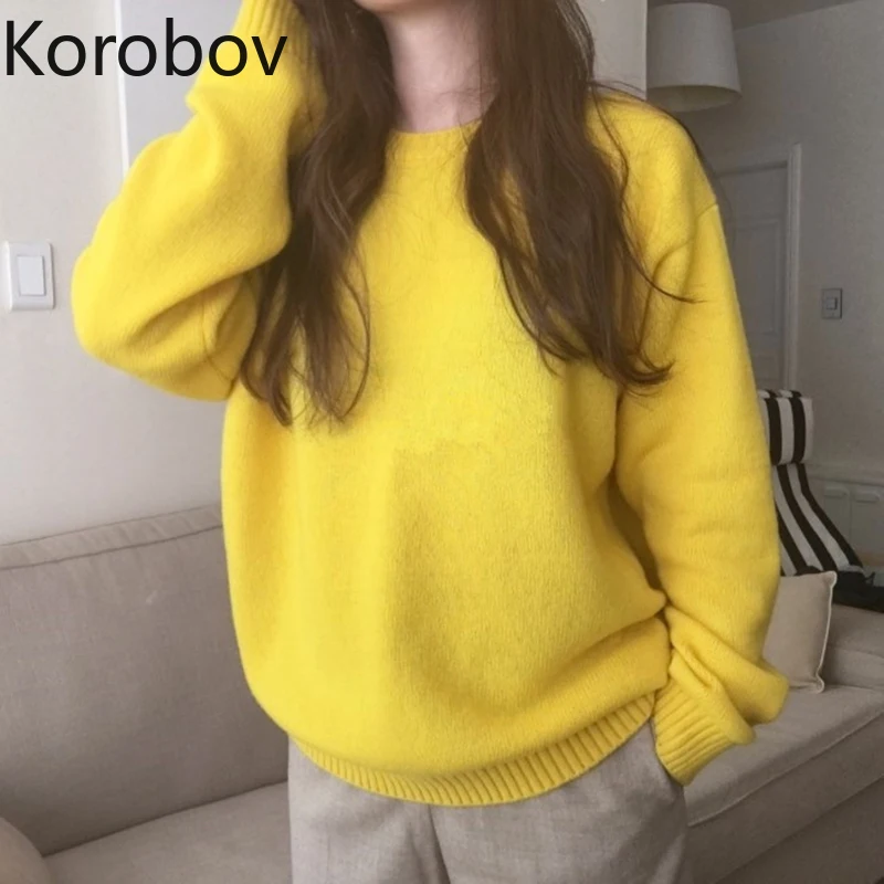 Korobov Корейский Осенний желтый женский свитер с длинным рукавом винтажный