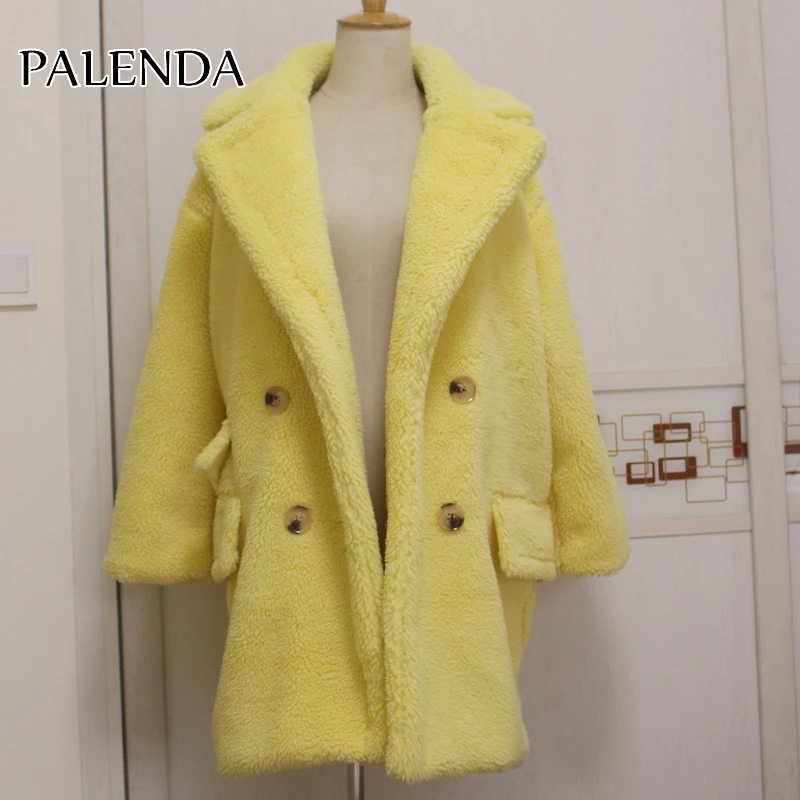 Новинка, женское модное пальто из искусственного меха с карманами, 4 пуговицы, толстые теплые материалы, 5 цветов, большие размеры