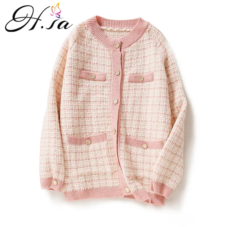 

H.SA Women Elegant Sweater Cardigans Oneck Retro Vintage Knit Jackets Black White Plaid Long Cardigans Loose Tops Winter Jacket