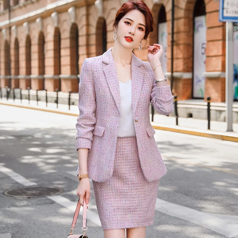 

Temperament Women's Suit Pants Two-piece Professional Wear Autumn and Winter Plaid Ladies Jacket Casual Skirt High Quality