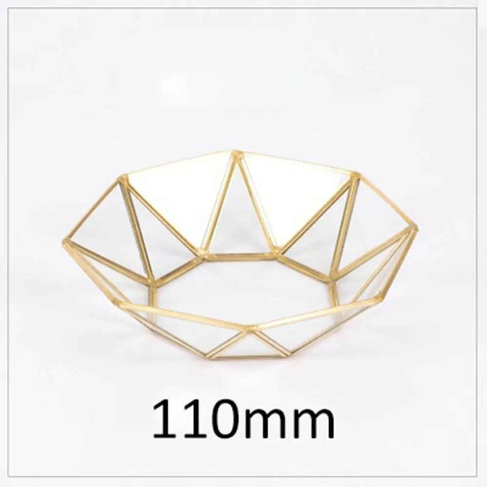 Nordic Retro Brass Storage Tray Golden Polygon Glass Makeup Organizer Tray Dessert Plate Jewelry Display Home Kitchen Decor