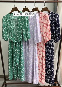 

Hot Sale Classic Women One piece Wrap Dress Summer Prairie Chic Short Puff Sleeve SplitDresses Holiday Sundress With Sashes