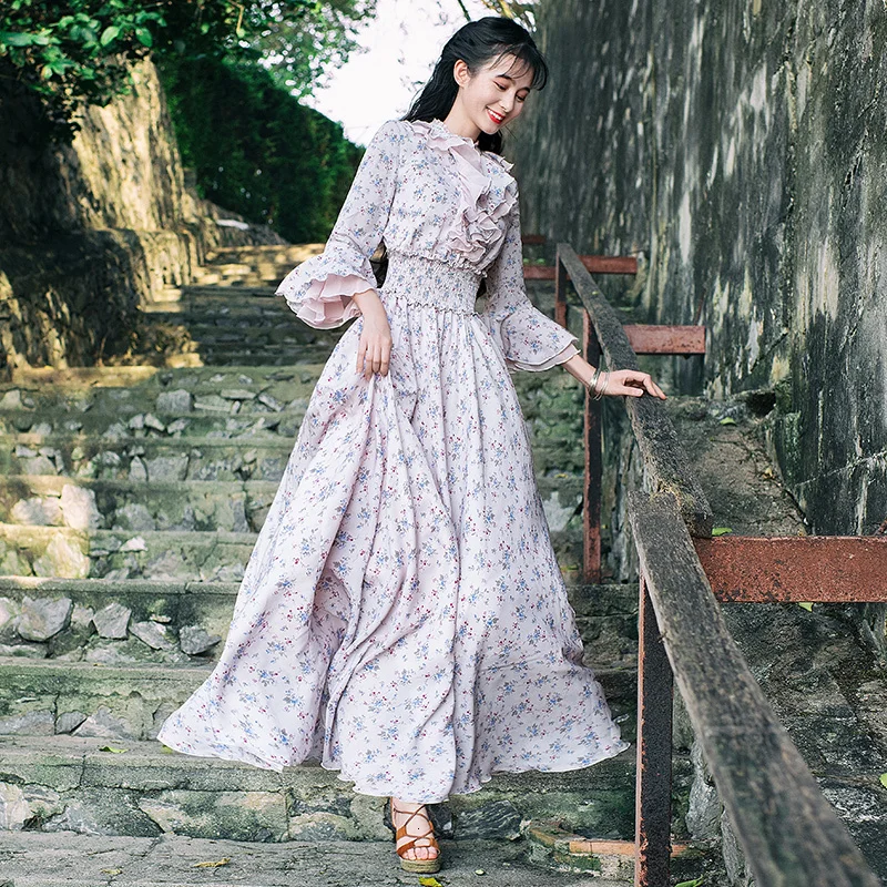 Элегантные весенние туфли с ремешками Для женщин розовый Maxi Dress Vestidos verano modis из шифона с цветочным рисунком богемные Длинные платья Винтаж Femme sukienki damski
