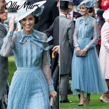 

Autumn Luxury Princess Kate Middleton Dress Elegant Long Sleeve Blue Lace Mesh High Quality Fashion Womens Dresses Ladies Robe