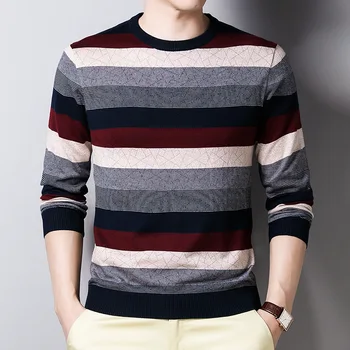 

2020 Men's Autumn round Neck Sweater Youth Stripe Thin Type Cotton Long-Sleeved Sweater