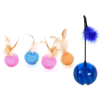 

HOT 4 Pcs Interactive Cat Ball Toys with Feather Colored & 1Pcs Tumbler with Chaser Light Sound Electronic Motion Cat Toy