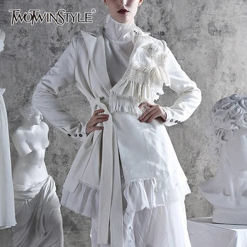 

TWOTWINSTYLE Patchwork Ruffle Mesh Women's Blazers Notched Collar Long Sleeve High Waist Lace Up Irregular Suits Female Clothing