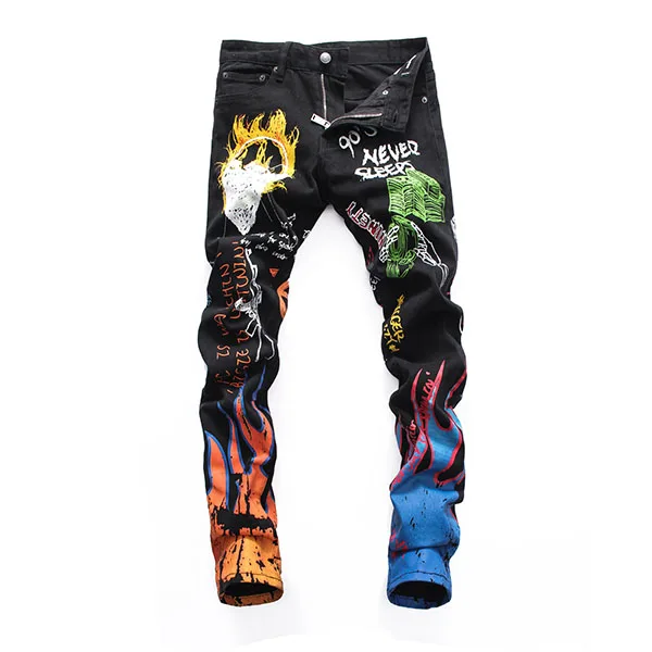 black European Nightclub style men Denim jeans famous brand zipper slim brand black white letter print jeans Pencil Pants for men 8052 - Цвет: black