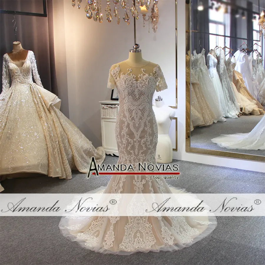 Полный бисером свадебное кружевное платье цвета шампанского с расширенным съемным подолом, свадебные платья