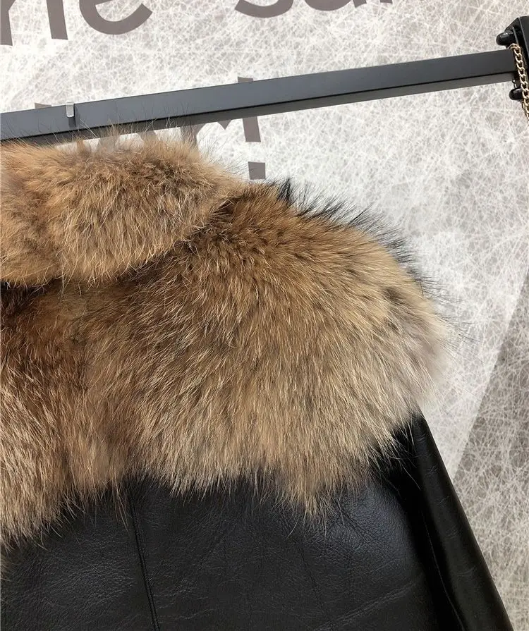 Women Sheepskin Coat With Real Sheep Fur Inside And Natural Raccoon Fur Collar Silver Fox Fur Trim Winter Jacket For Women Warm