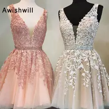 Новое шикарное короткое платье для выпускного вечера кружевное вышитое бисером Тюлевое с v-образным вырезом без рукавов ТРАПЕЦИЕВИДНОЕ вечернее платье короткое платье для выпускного вечера