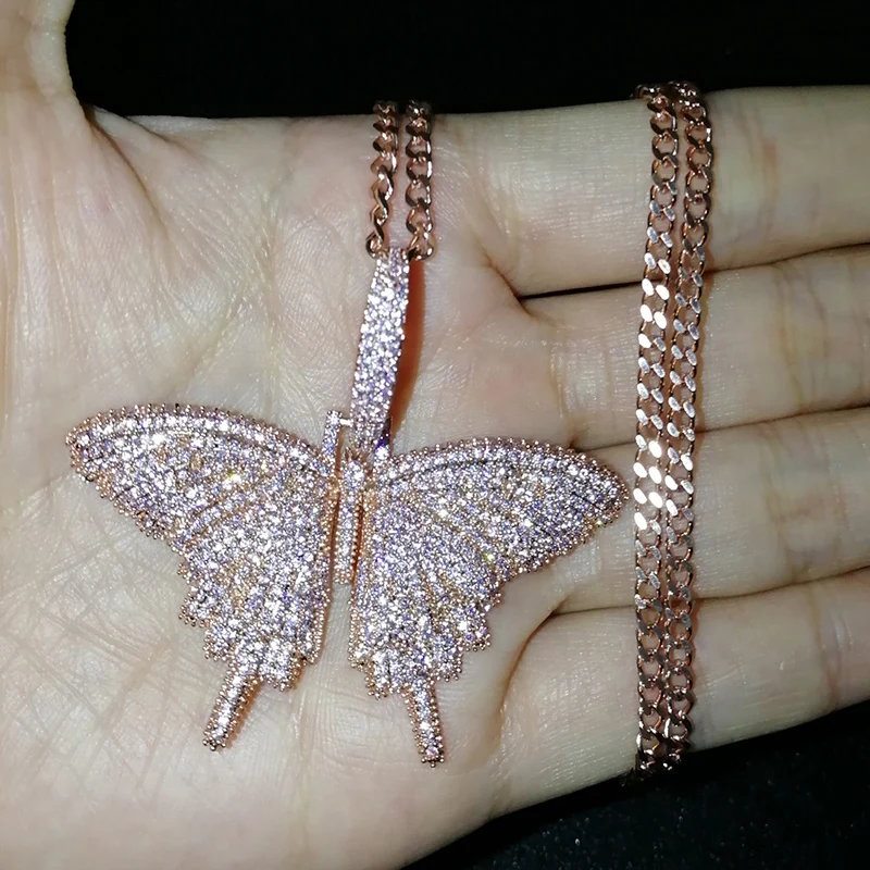 Микро проложили AAA+ кубический цирконий Bling Iced Out Бабочка Подвески ожерелье для женщин мужчин хип хоп рэппер ювелирные изделия розовое золото серебро