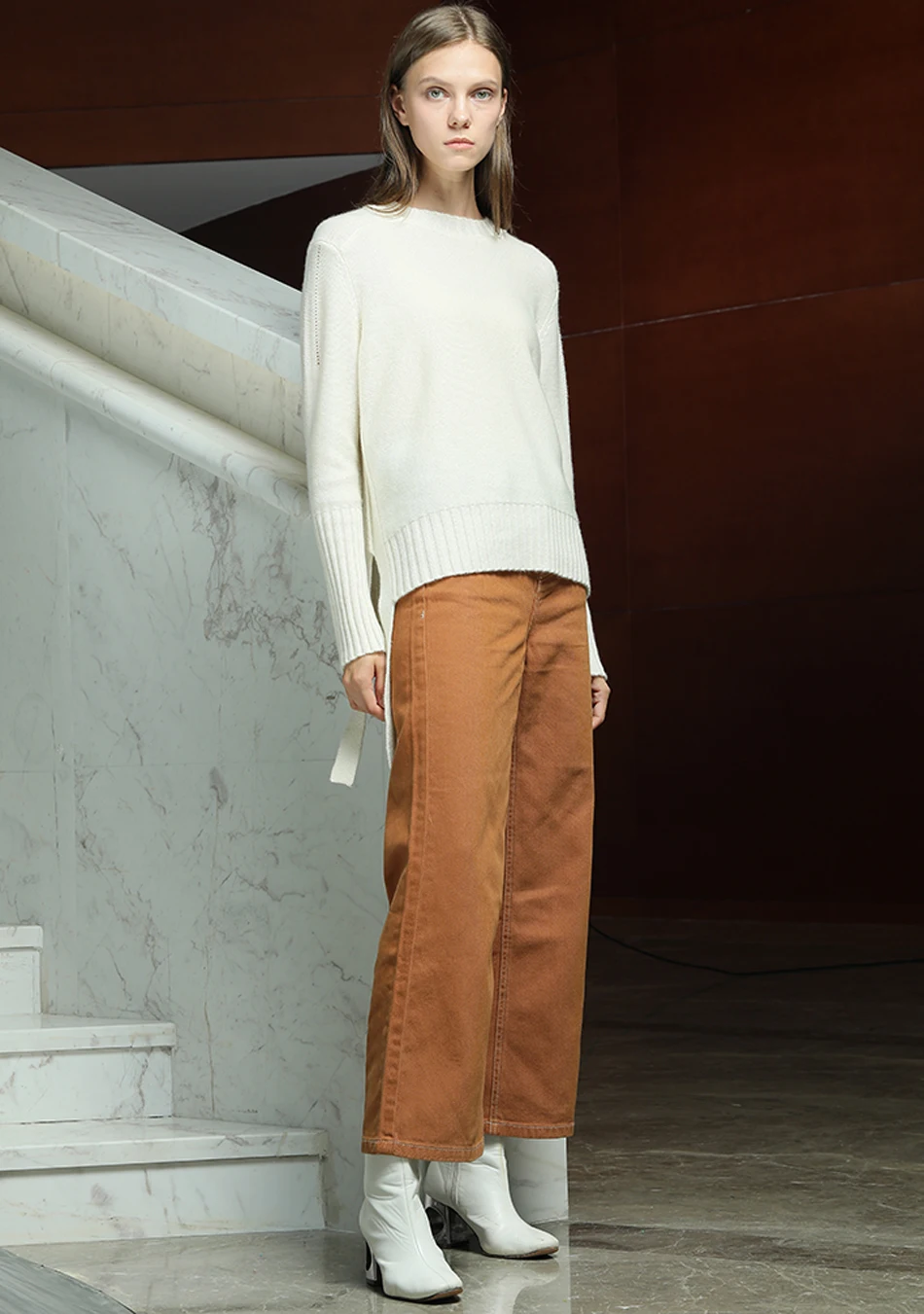 RONGFANGZI Inner Mongolian Cashmere Sweater Women Ribbed Crewneck Gigot Hem Side Slit Straps Spring Autumn 12 Gauge Knit Slava - Цвет: Off-White