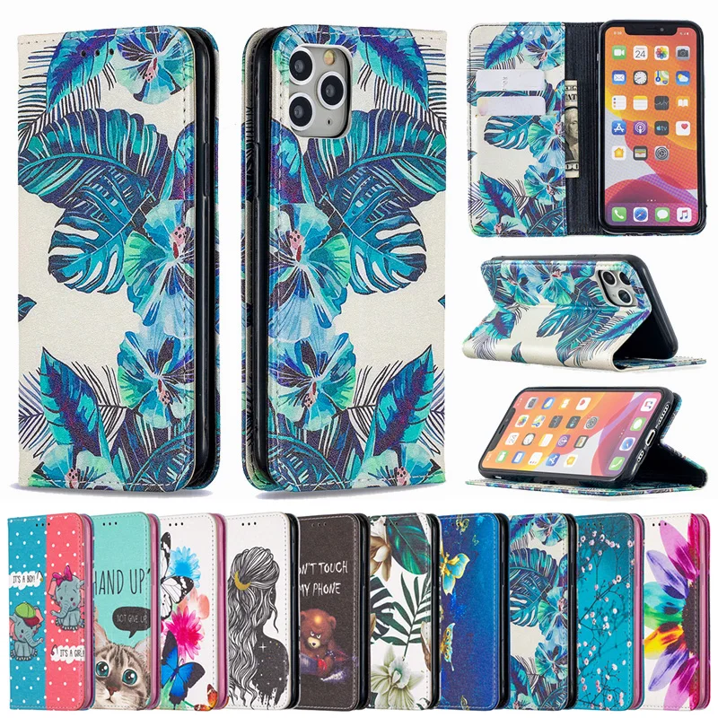 

Painted Leather Case Wallet Case For iPhone 7 8 Plus 11 12 Pro Max 12 Mini X XR XS Max SE2020 Color Print Pattern Stand Case