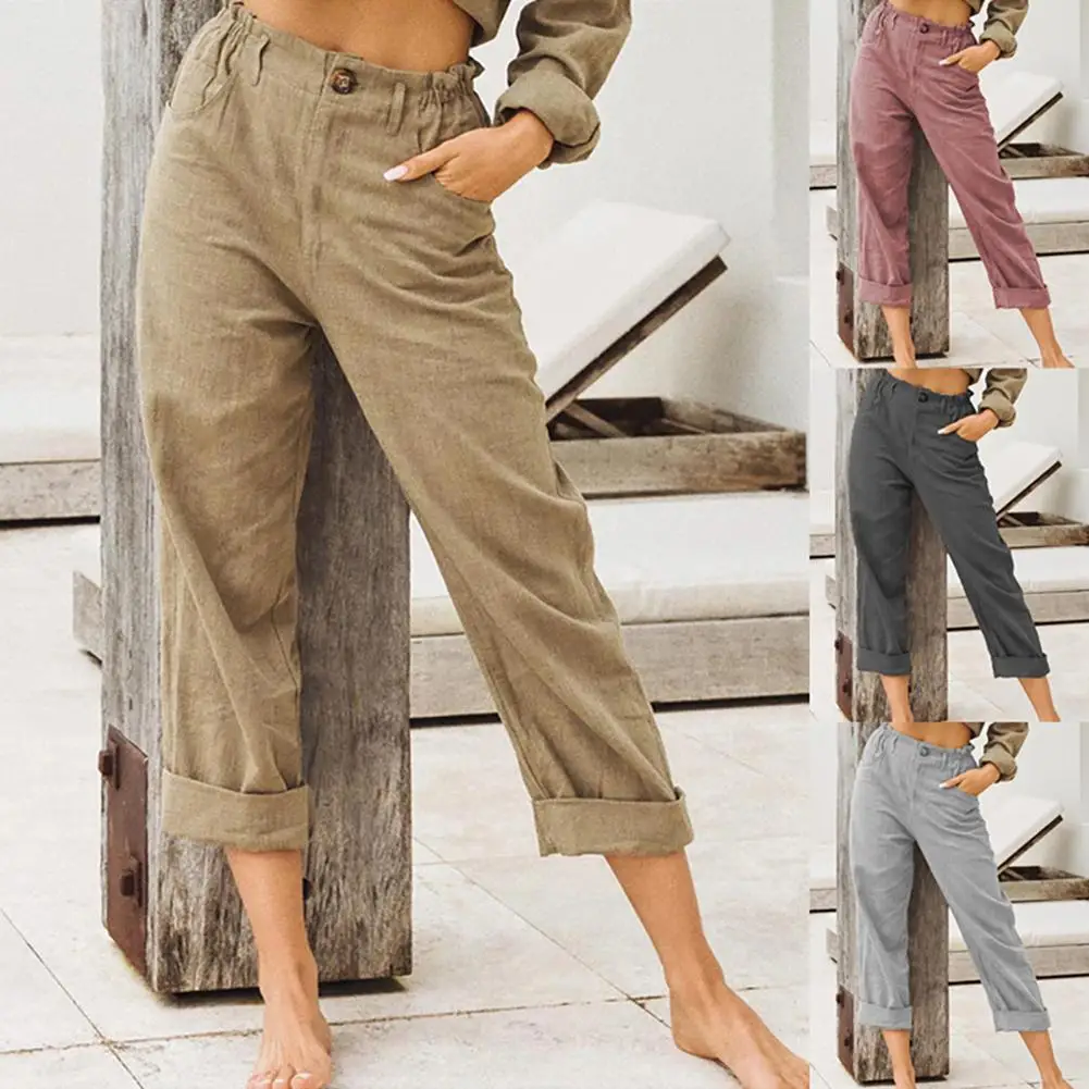 

Women's casual Pants women summer High Waist Pockets Cotton Linen Long Straight Pants Loose Trousers long pants for Female