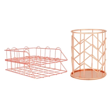 

3 Pcs Office Supplies: 1 Pcs Pen Holder, & 1 Set Of 2 Metal Stackable File Document Letter Tray Organizer, Rose Gold