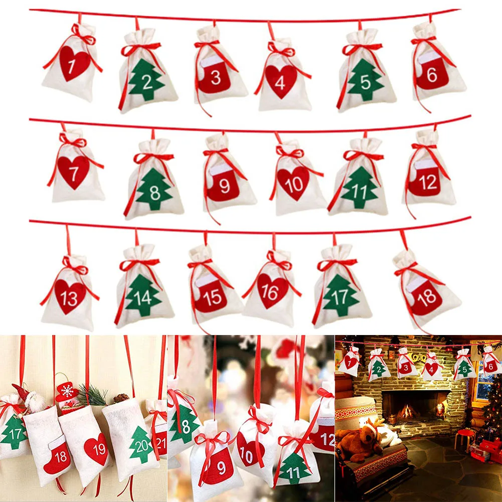 Christmas Advent Calendar 24 Days Countdown Hanging Gift Bags for Xmas Party Home Decor SNO88