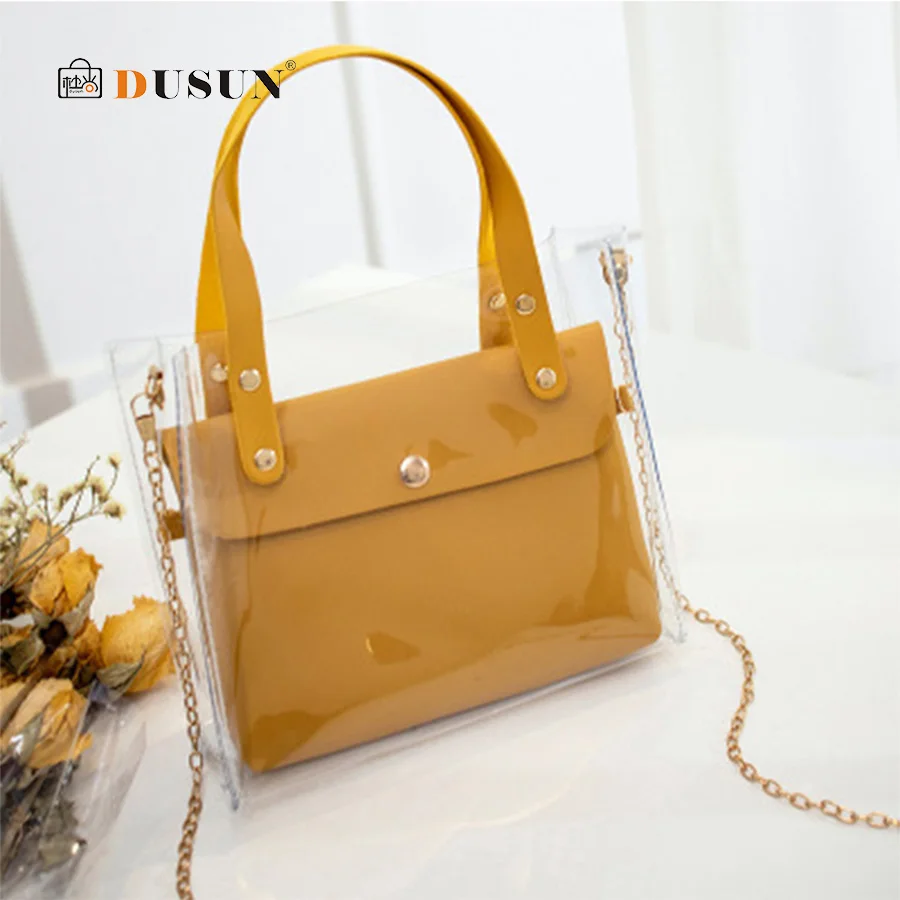 

Simple Clear Jelly Rivet Shoulder Bags Women Fresh Metal Chain Messenger Bags Fashion Pu Leather Composite Bag Ladies 2019 New