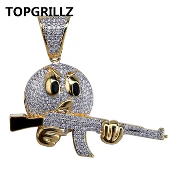 

TOPGRILLZ Hip Hop Face Character With Gun Pendant &Necklace Gold Color Iced Out Cubic Zircon Bling For men