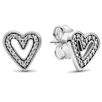 

New 925 Sterling Silver Earring Sparkling Freehand Heart Stud Earrings With Crystal For Women Wedding Gift Fine Pandora Jewelry