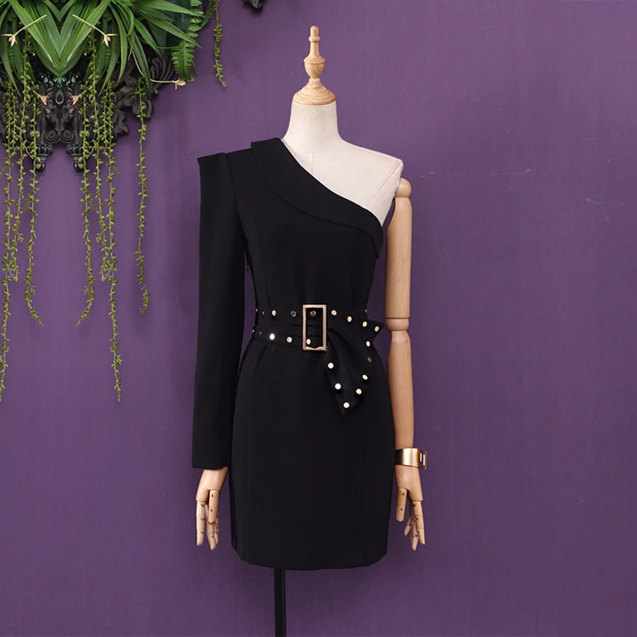 Осеннее однотонное асимметричное сексуальное платье на одно плечо с бриллиантами, одежда в западном стиле, элегантное мини-платье - Цвет: black