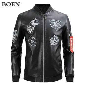 

Men Leather Jacket with Patch Autumn Motorcycle Male PU Coats Faux Leather Jackets Stand Collar Slim Fit Fashion Outerwear 2020