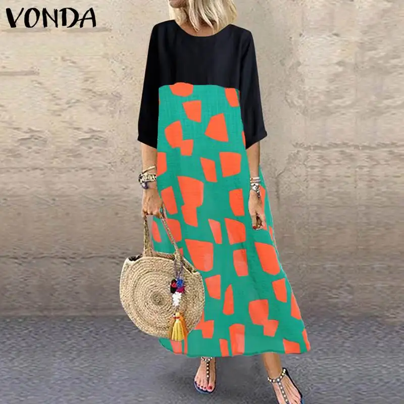 

VONDA Summer Patchwork Maxi Dress Loose O Neck 3/4 Sleeve Printed Long Dresses Casual Party Pregnancy Sundress Bohemian Vestidos