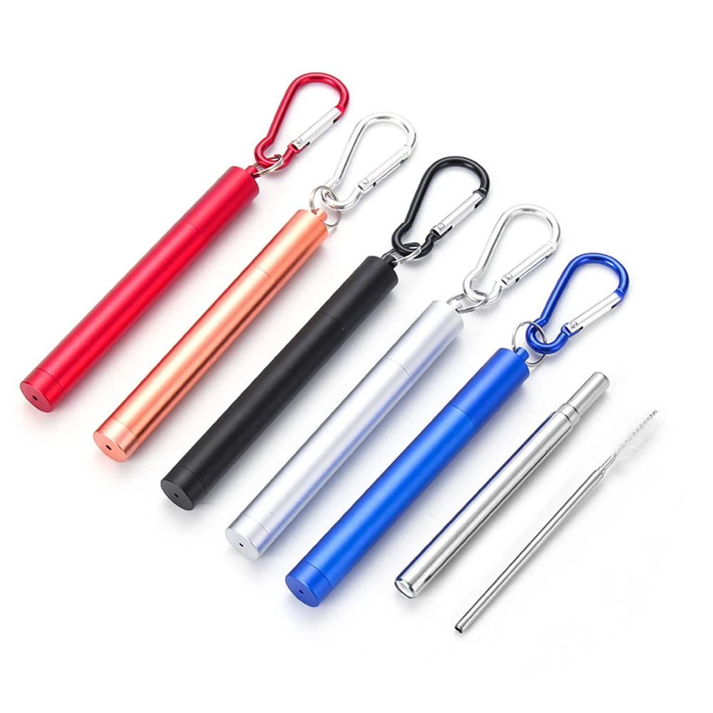 

Stainless Steel Folding Straw Telescopic Drinking Straw Pen Shaped Case Carabiner Reusable Metal Straw Travel Picnic Drinkware