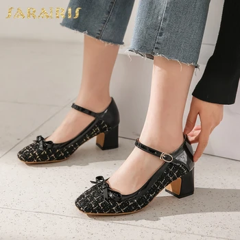 

Sarairis New Arrivals 2020 Wholesale Chunky Heels Shoes Woman Pumps Female Buckle Strap Sweet Bowtie Mix Color Pumps Women Shoes