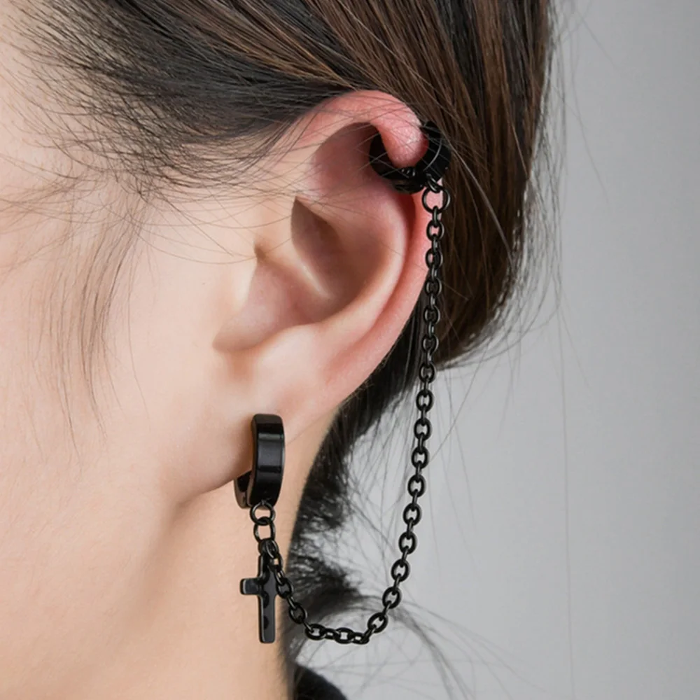 1 PC Punk Trendy Black Cross Design Fake Piercing Earrings for Women Brilliant Zircon Long Chain Earring Party Jewelry Gift Long Earrings Cross Earrings