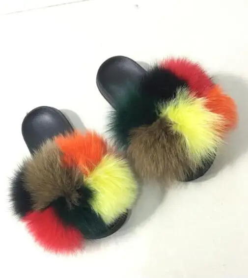 Slippers Женские тапочки из натурального Лисьего меха; ПВХ; сумка через плечо ярких цветов; Радужная сумочка; разноцветные прозрачные сумки через плечо; женские меховые шлепанцы - Цвет: Slippers