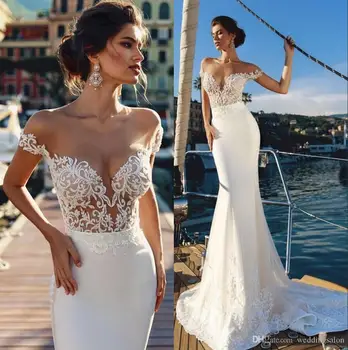 

Amazing Mermaid Backless Wedding Dresses Sheer Off The Shoulder Lace Trumpet Bridal Gowns With Detachable Train Tulle