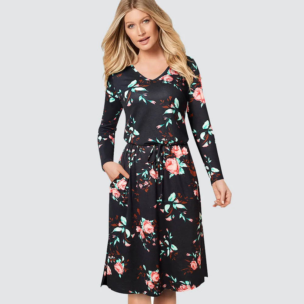 Floral Осеннее короткое элегантное платье с v-образным вырезом и поясом повседневное приталенное платье с длинным рукавом HA171 - Цвет: Floral