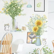 

Vase Sunflower Decoration Stickers Cartoon Cat Background Stickers Living Room Bedroom Wall Stickers Picking Fence