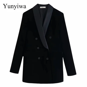 

New 2020 Women Elegant Ceremonial Velvet Blazer Notched Collar Patchwork Causal Stylish Suits Outwear Double Breasted Coat