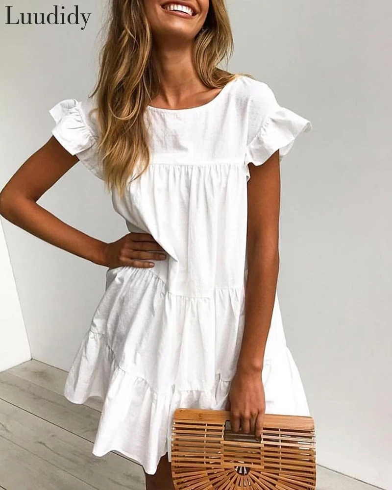 女性aラインラウンドネックのドレス無地フリルシャーリング半袖サマードレスカジュアル白ドレス ドレス Aliexpress 女性aラインラウンドネックのドレス無地フリルシャーリング半袖サマードレスカジュアル白ドレス ドレス Aliexpress