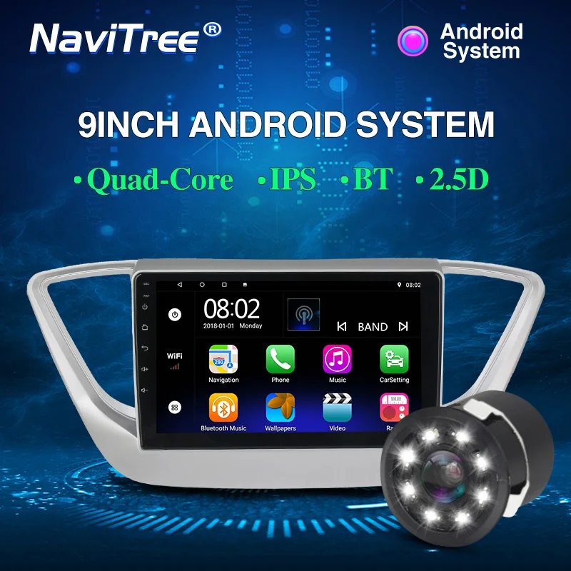 NaviTree 9inch IPS 2.5D Android 9.0 Car Radio Multimedia For HYUNDAI Solaris Verna Accent gps SWC wifi - Color: DVD camera