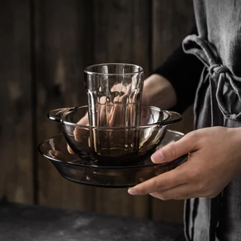 

3pcs/set One person dining set Nordic tawny soup bowl salad bowl glass bowl pan household noodle bowl instant noodles