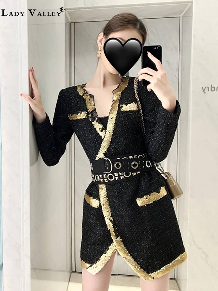 

Little fragrant sequins sequins hit color tweed coat lady autumn and winter personality straps waist irregular woolen coat
