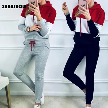 

XUANSHOW 2020 Autumn Two Piece Set Hoodies Top and Long Pants Splicing Casual Sports Suit for Women Tracksuits Joggers Clothing