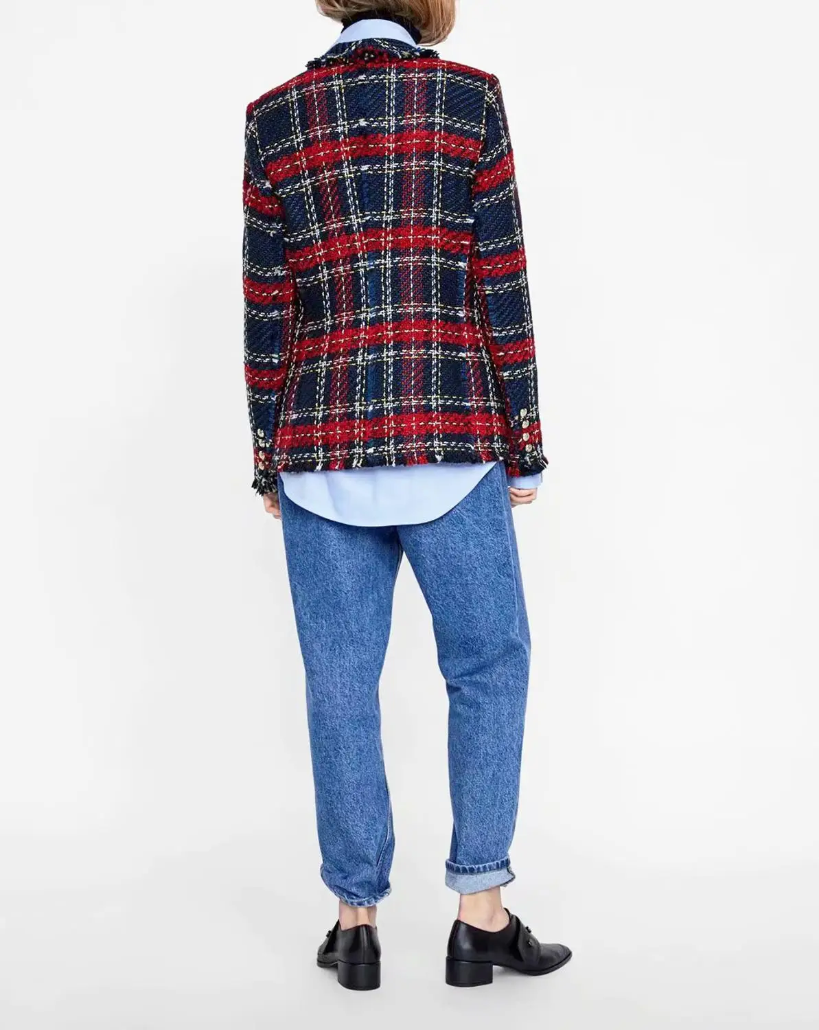 Star firefly tassel button decorated woolen suit female autumn casual tweed plaid blazer for official business women