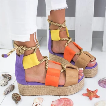 

Woman Sandals Cross Tie Hemp Women Shoes Female Peep Toe Flat Platform Ladies Fashion Comfortable Footwear Plus Size 43