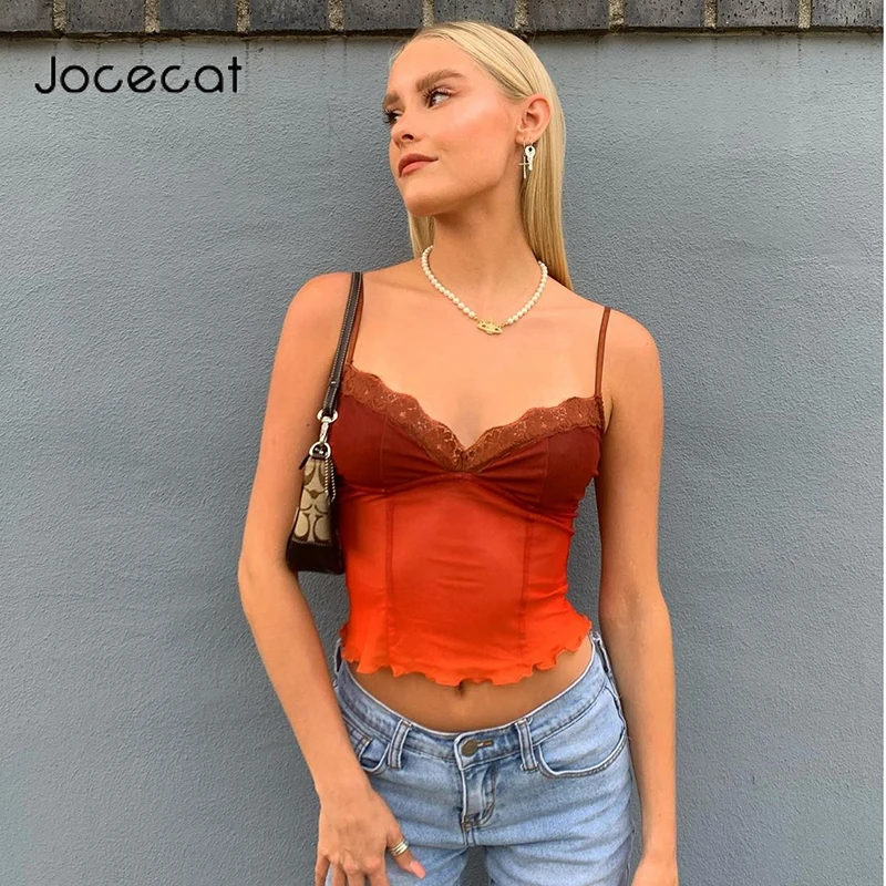 

Jocecat Lace Edge Cute Crop Top Female 90s Sweety Girls' Y2K Streetwear V Neck Transparent Sexy Mesh Tops Summer Clubwear