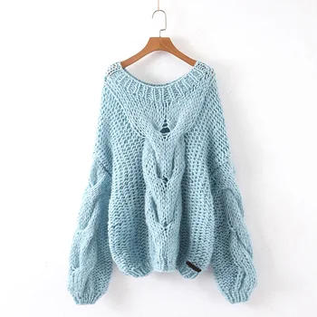 

women knitting oversize sweater 2019 fashion ladies solid eight-part series loose O-neck lantern sleeve female highstreet chic
