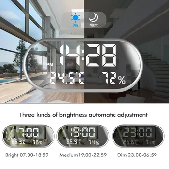 

Digital Alarm Clock Portable Mirror HD LED Display with Time/Humidity/Temperature Function USB Port Charging New